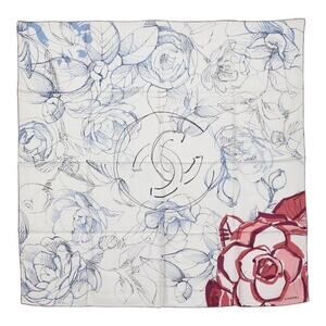Chanel CC Logo Camellia Flower Pattern Silk Scarf Multicolor